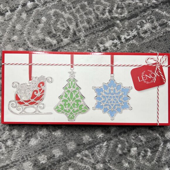 Lenox Merry & Bright Christmas Ornament Set of 3 Tree Sleigh Snowflake Metal NIB - Picture 1 of 4